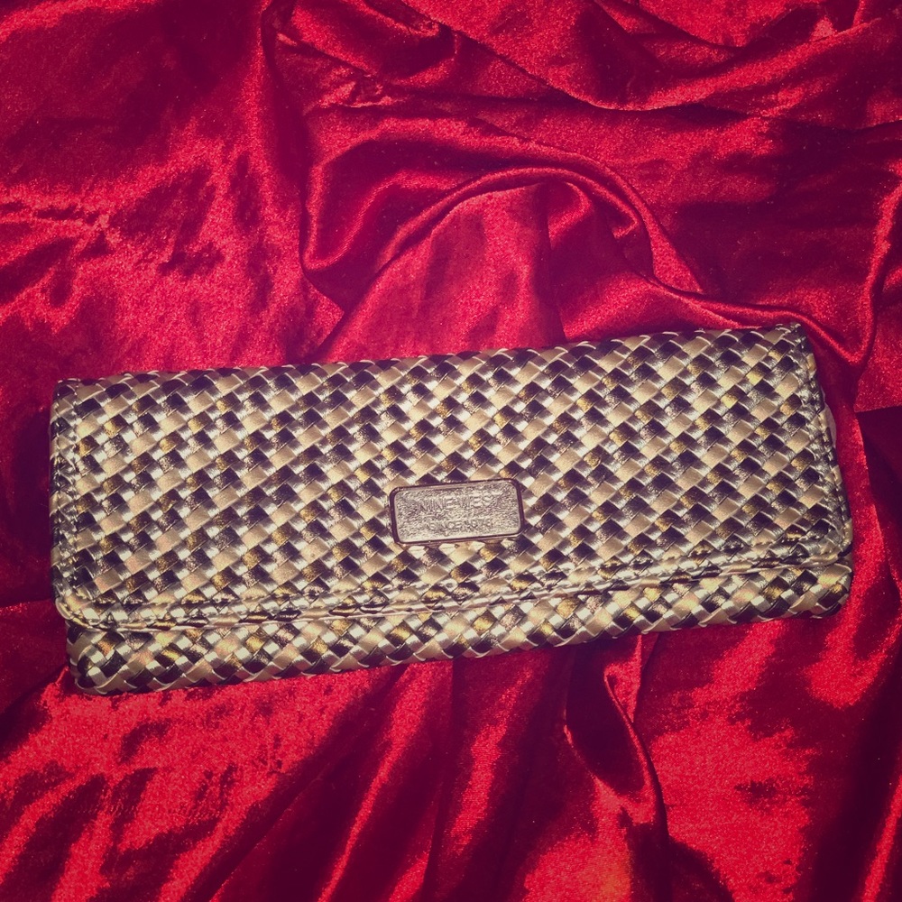 NWT Ninewest Metallic Vegan Leather Woven Clutch